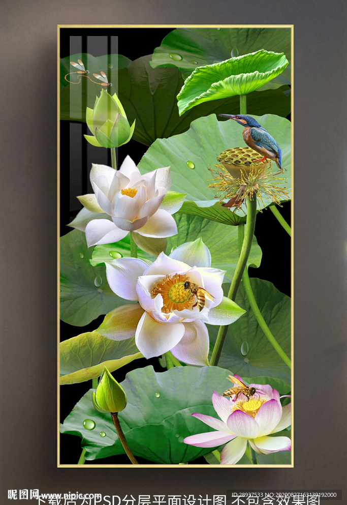 原创玄关高清荷花翠鸟装饰画