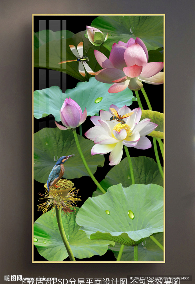 原创玄关高清荷花翠鸟装饰画