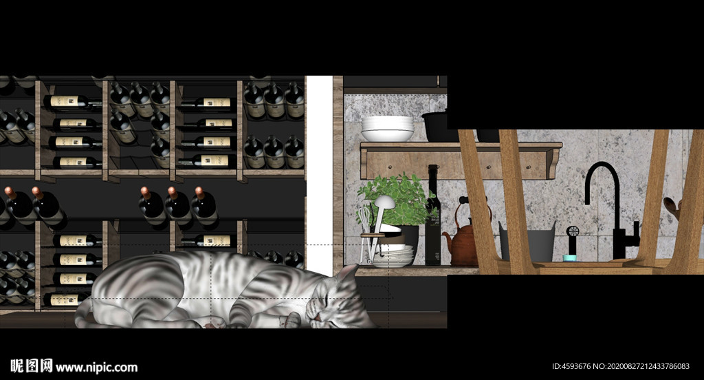 开放式厨房餐厅SU模型