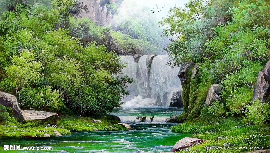 瀑布风景油画
