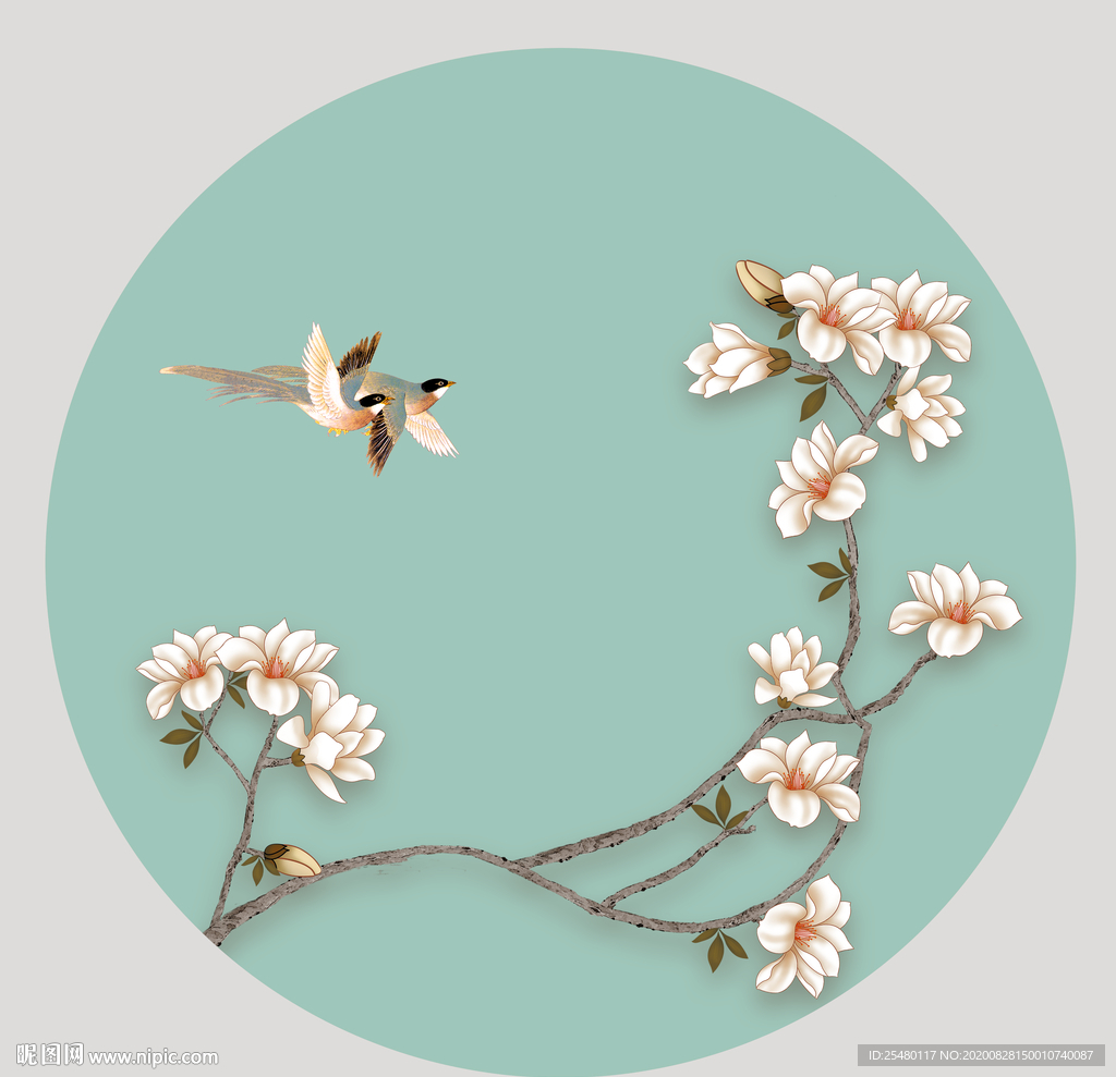 新中式圆形玉兰花鸟工笔画图片