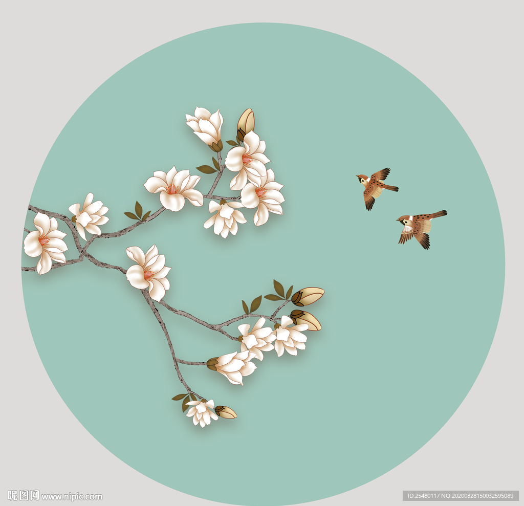新中式圆形玉兰花鸟工笔画背景图