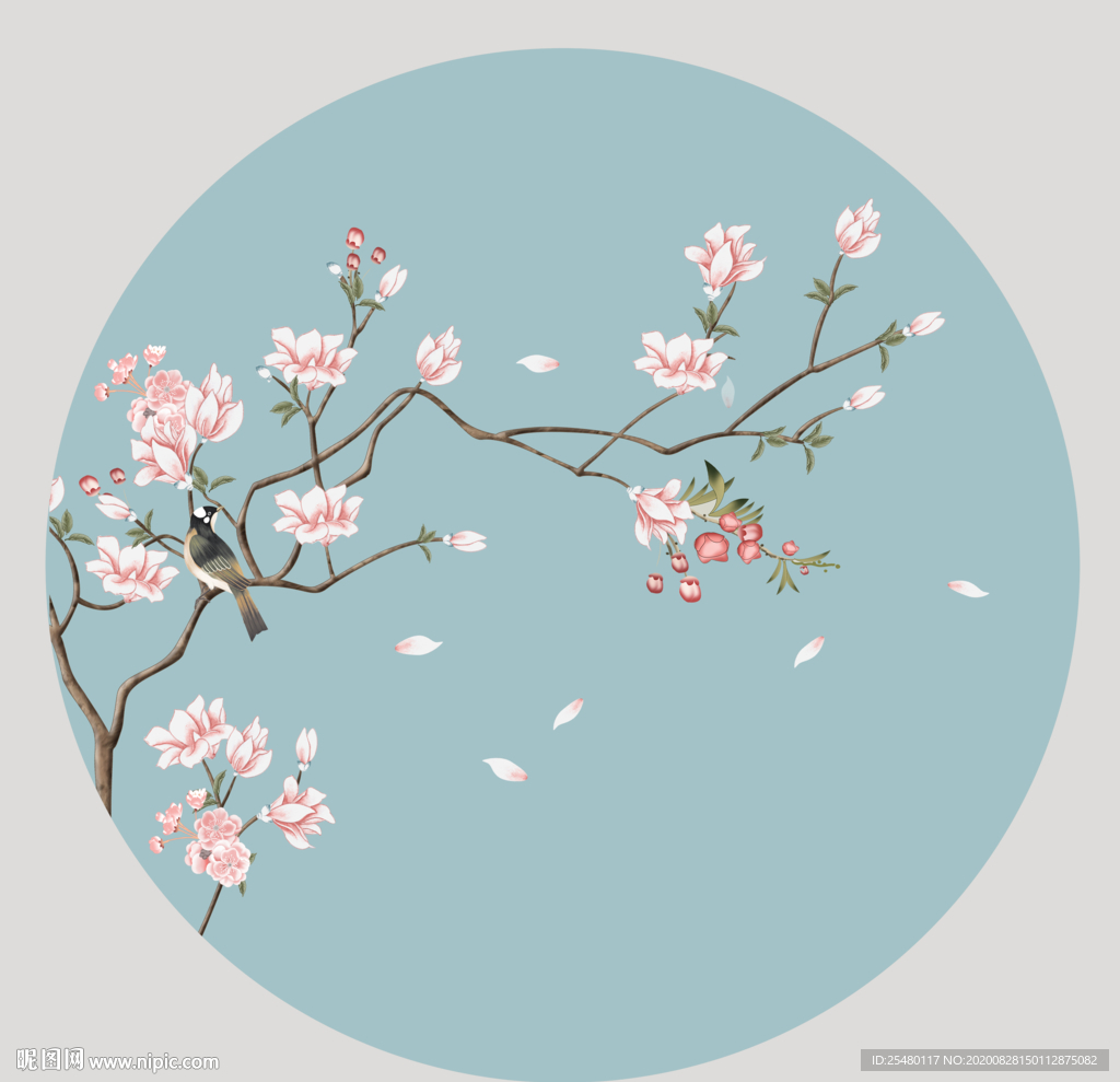 新中式圆形花鸟工笔画图片
