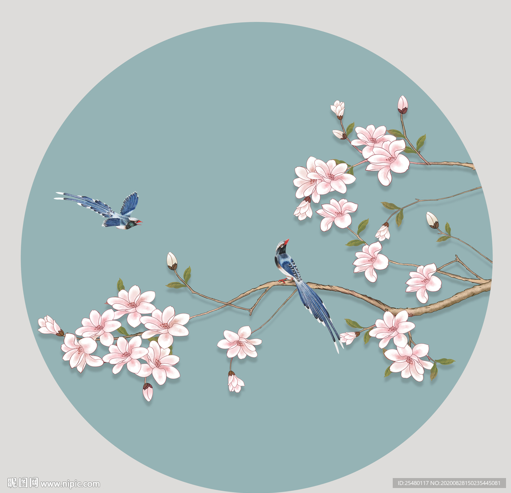 新中式圆形桃花花鸟工笔画背景图