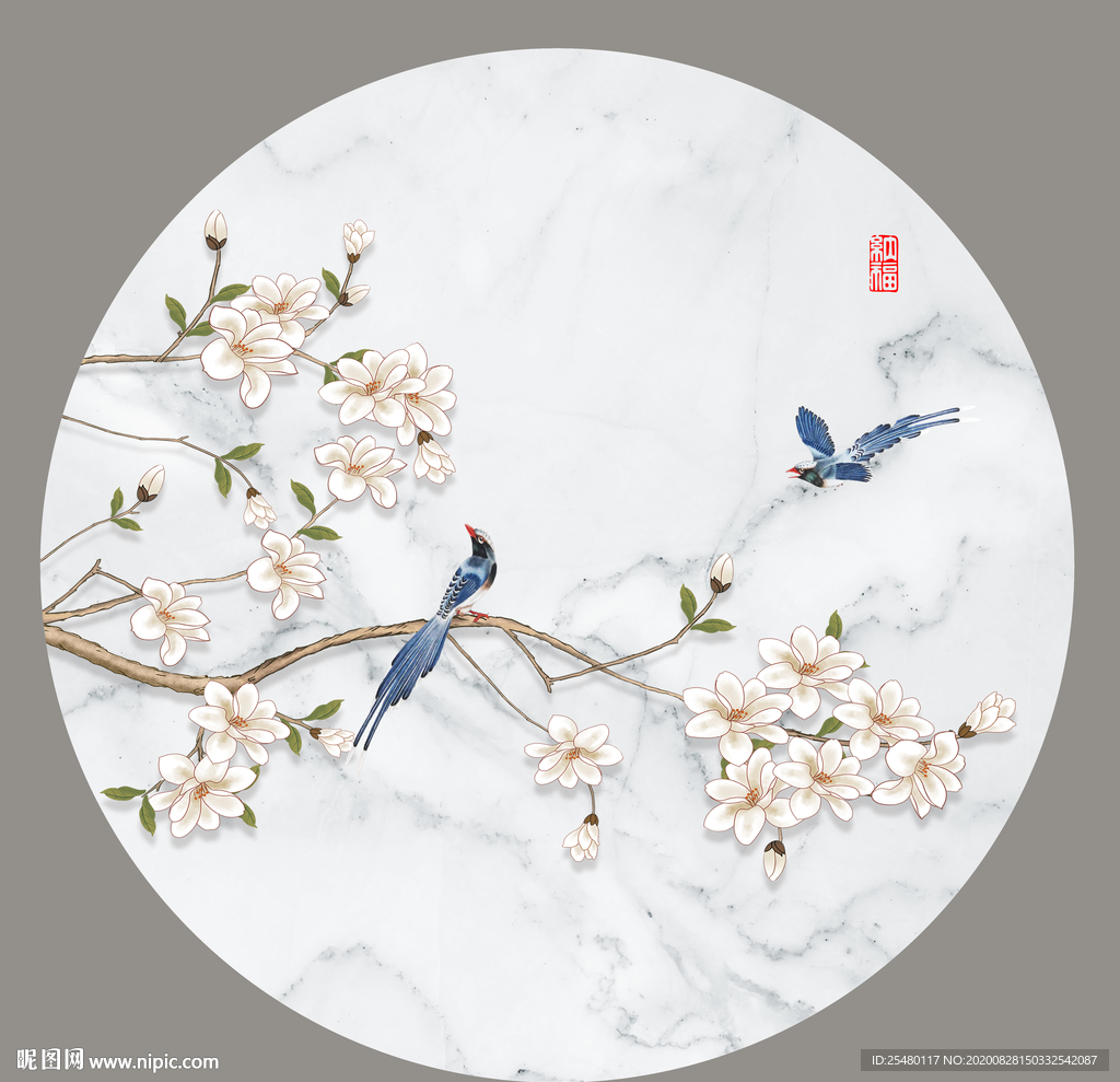 新中式圆形玉兰花鸟工笔画图片