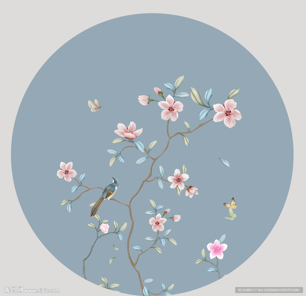 新中式圆形桃花花鸟工笔画图片