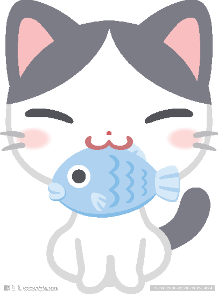 卡通猫咪咬着鱼插画图标