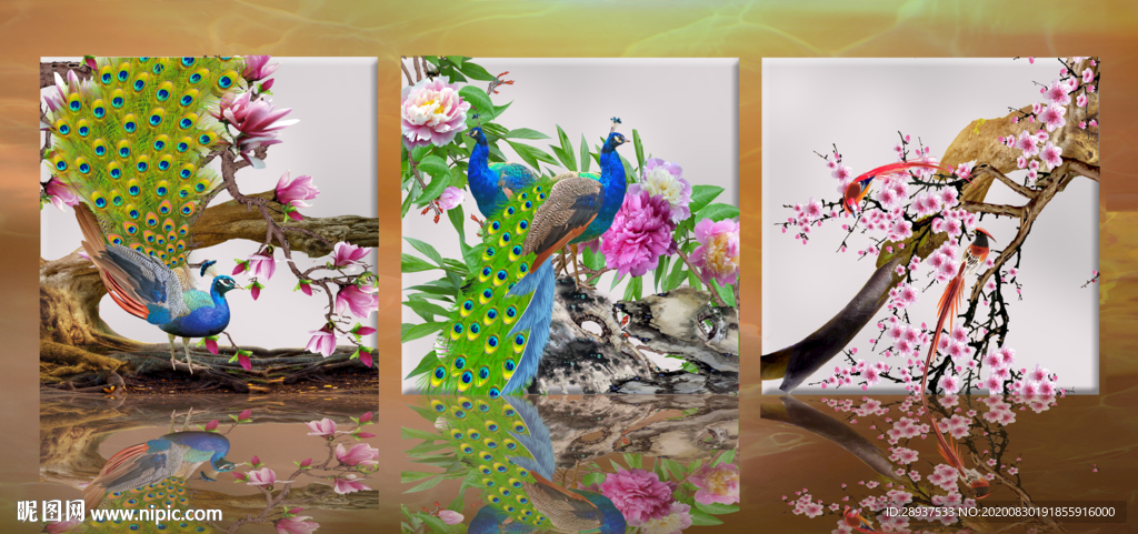 原创孔雀牡丹玉兰梅花三连画