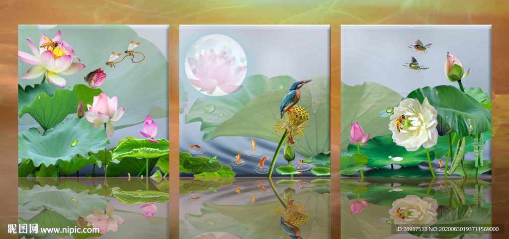原创高清荷花翠鸟三连装饰画