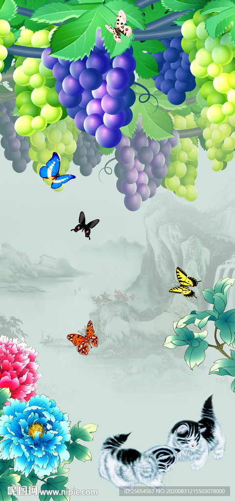 中式工笔手绘紫气东来葡萄玄关