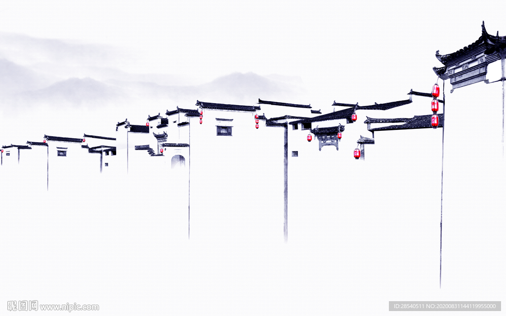 新中式徽派建筑马头墙山水背景墙