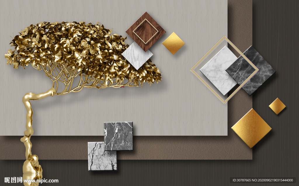 浮雕发财树树几何背景墙