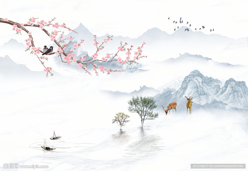 桃花山水 麋鹿山水 新中式水墨