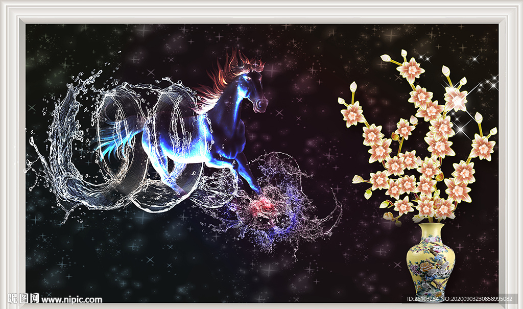 梦幻星空骏马彩雕花卉电视背景墙