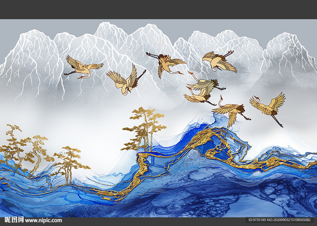 高山海浪云雾松鹤延年背景壁画