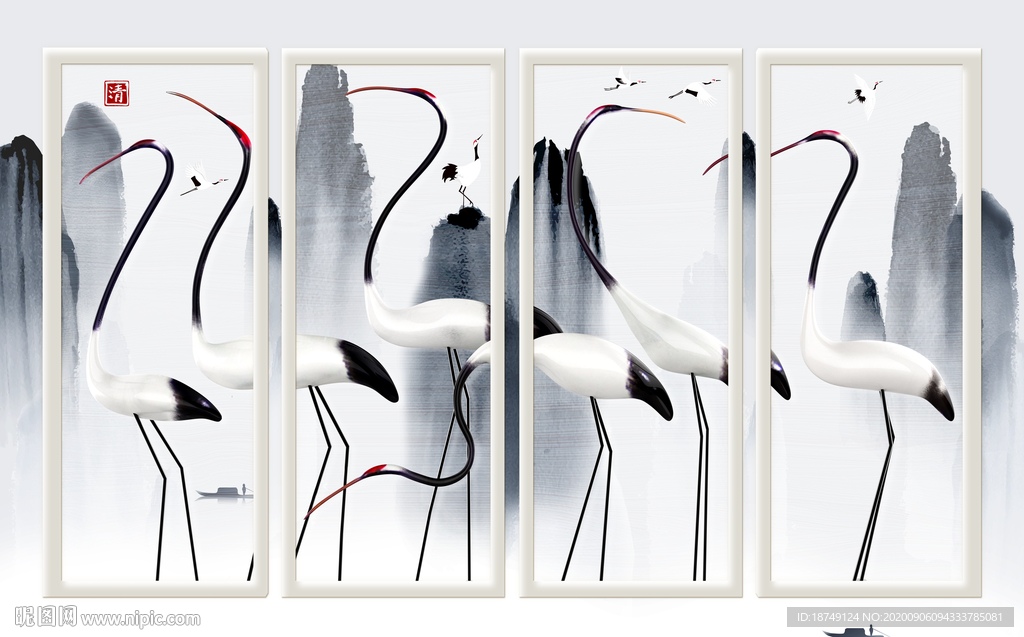 新中式四联仙鹤电视背景墙