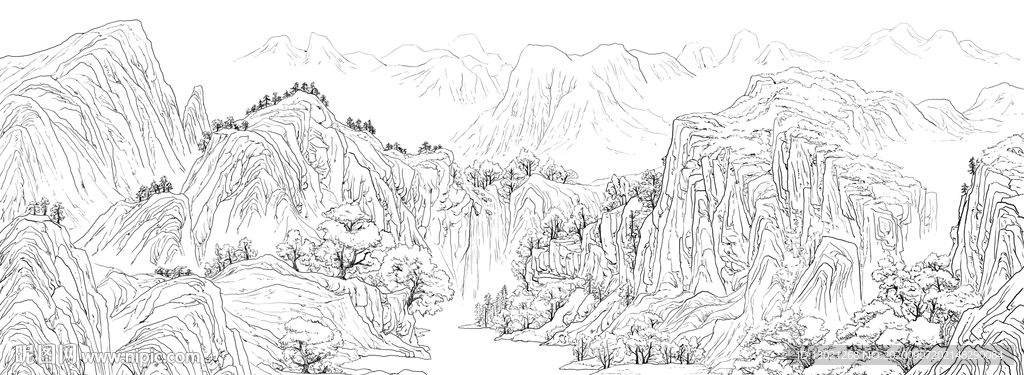 山水国画白描画