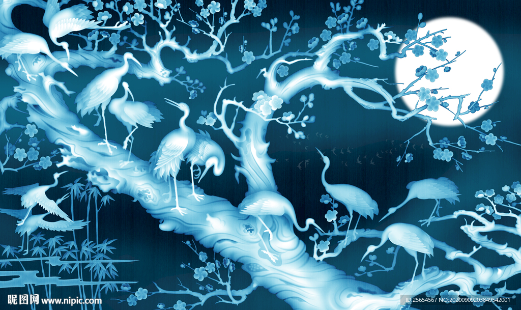 新中式工笔玉兰花鸟背景墙装饰画