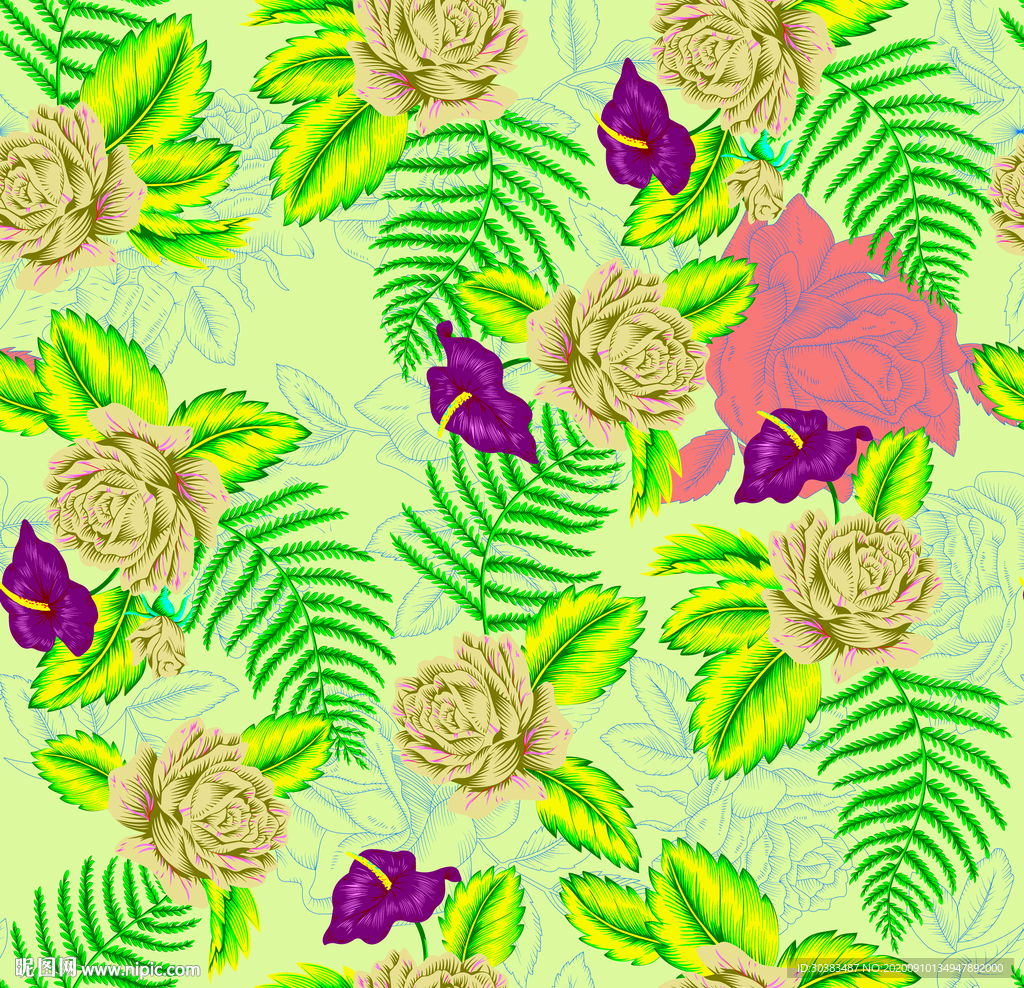 线条玫瑰树叶分层