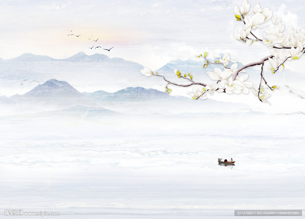 蓝色意境山水 意境山水 玉兰山