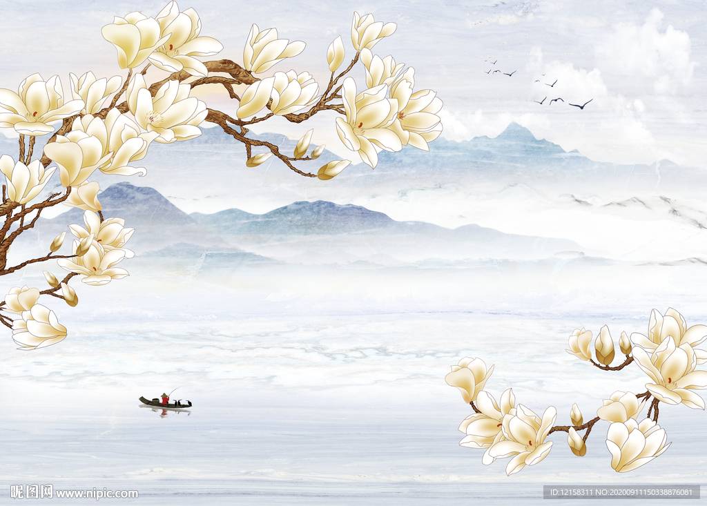 意境山水 蓝色大理石纹 玉兰山