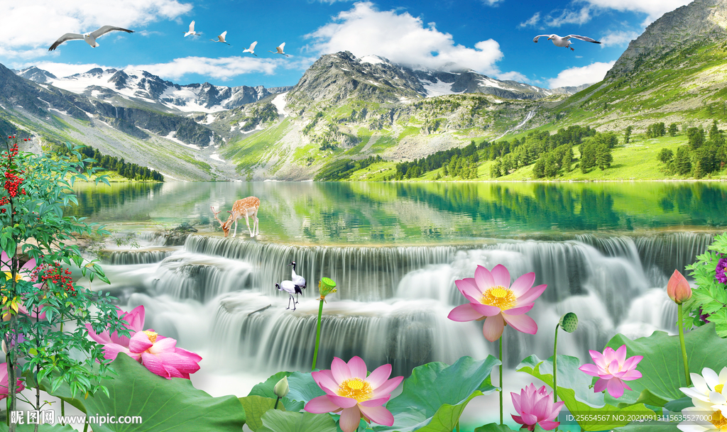 流水生财瀑布荷花鸽子背景墙