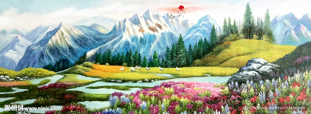 山水旭日风景油画