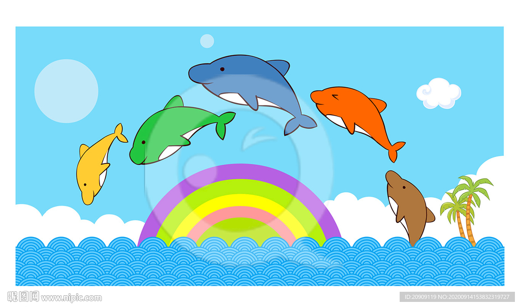 卡通多彩海豚矢量插图背景