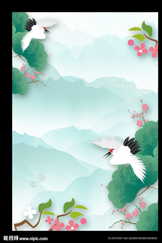 中国风淡雅荷叶山水画