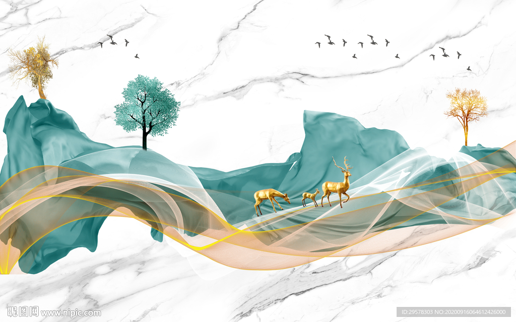 爵士白山水画背景墙 TIF分层