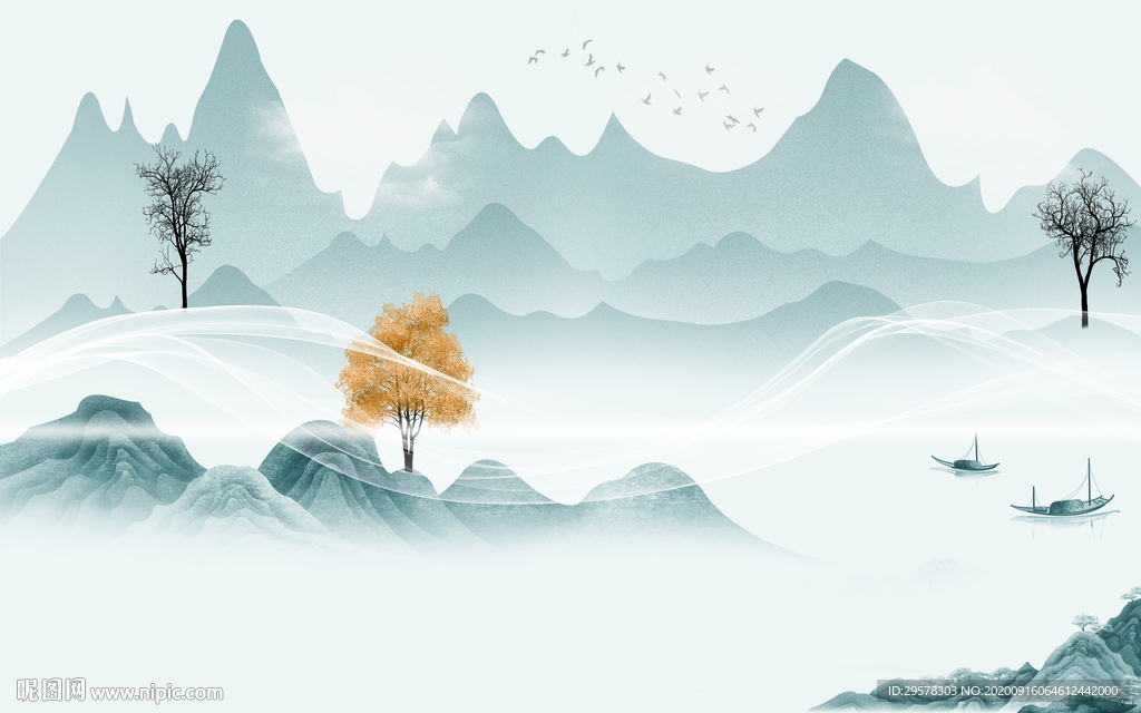 别墅山水画背景墙 TIF分层