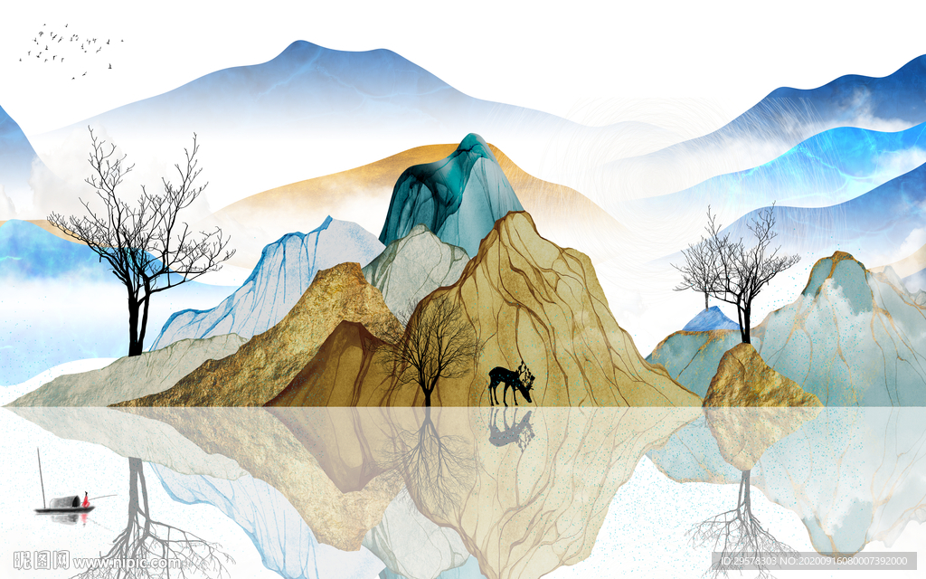 高清山水画背景墙 TIF分层