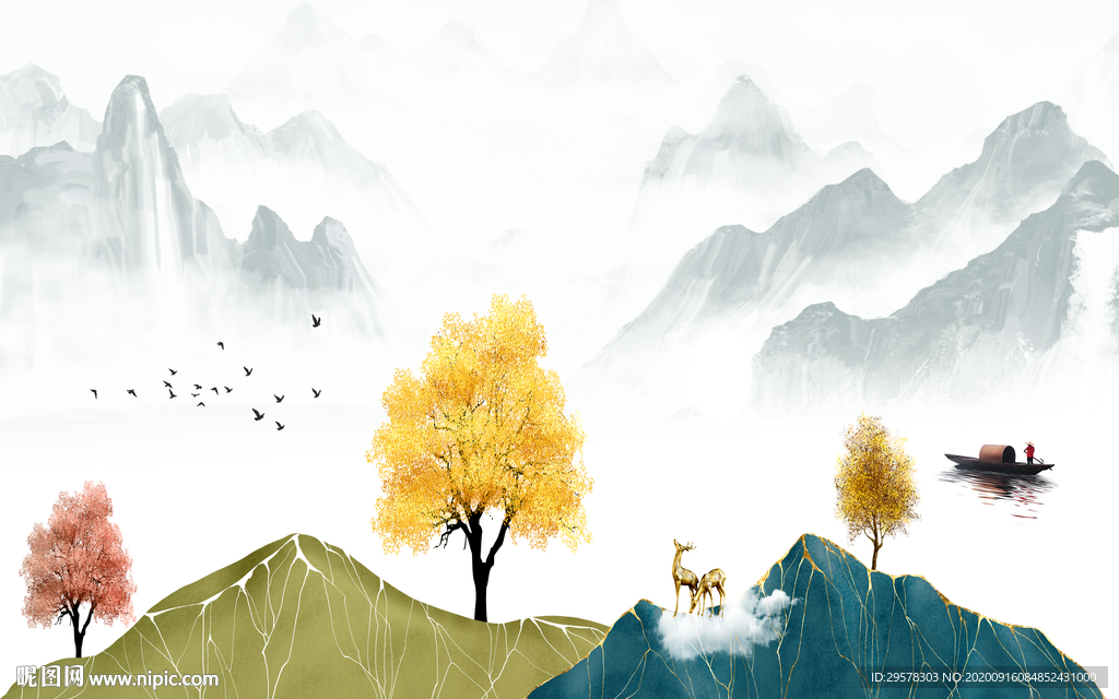 简约 山水画背景墙 TIF分层