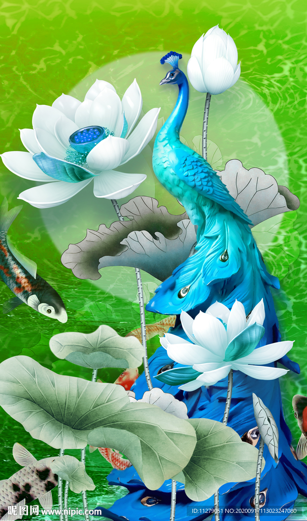 荷花孔雀富贵图