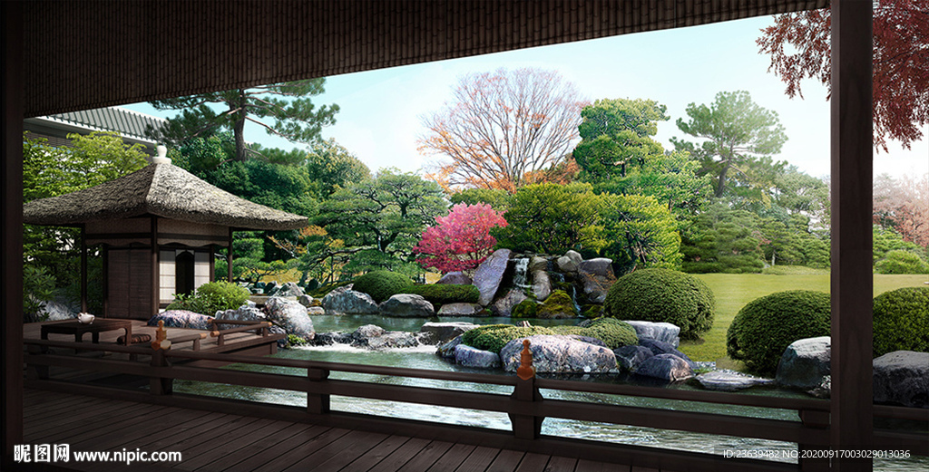 日式枯山水庭院景观效果图