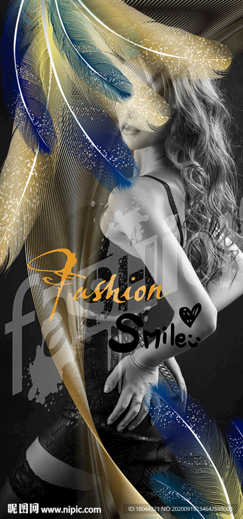 时尚美女金色羽毛装饰画玄关