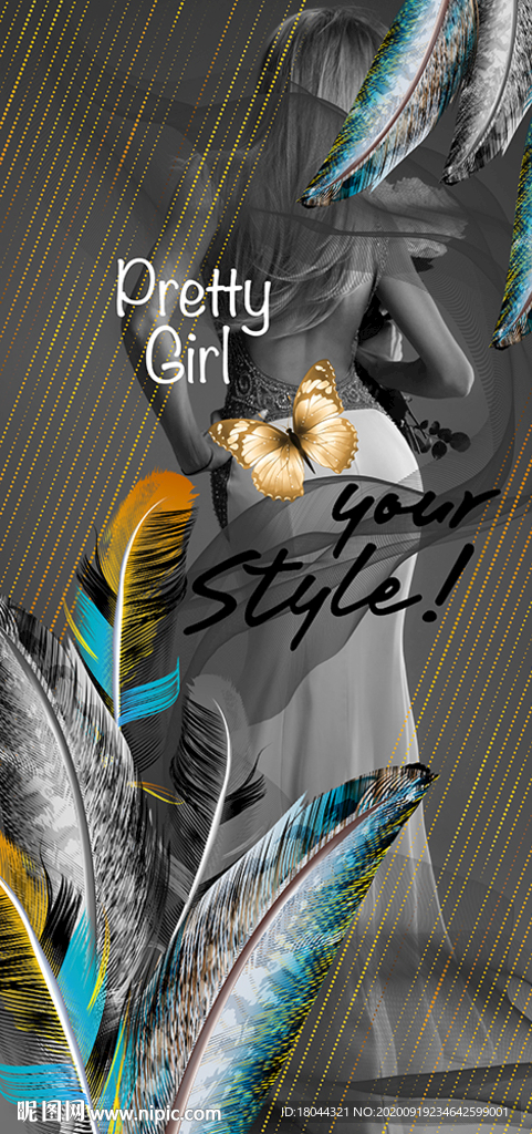 时尚美女蝴蝶羽毛装饰画玄关