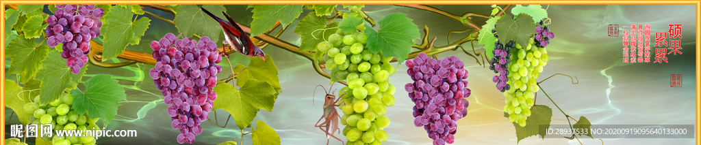 原创高清葡萄花鸟装饰画壁画