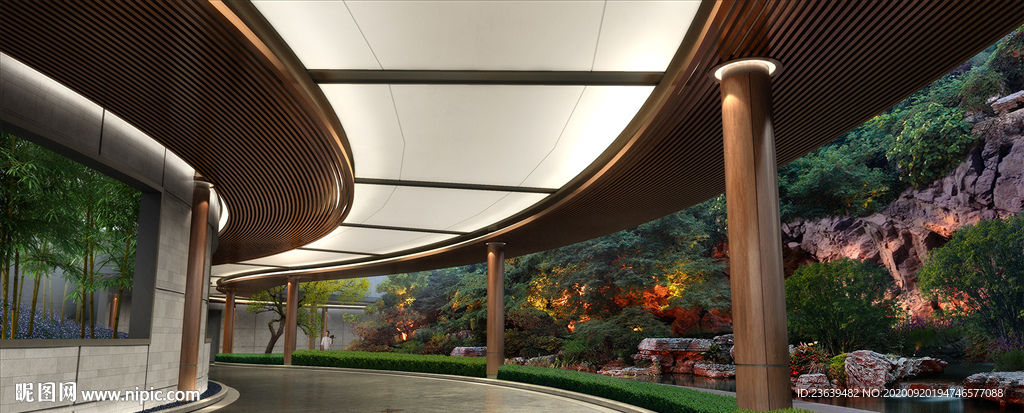 中式会所酒店内庭景观效果图