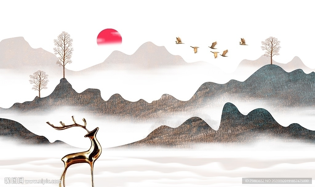 麋鹿山水铜板电视背景墙