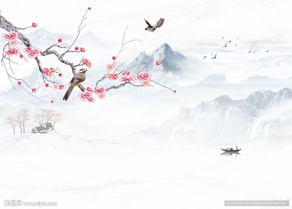 新中梅花桃花 梅花山水  新中