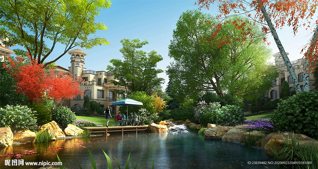 别墅庭院 水景效果图