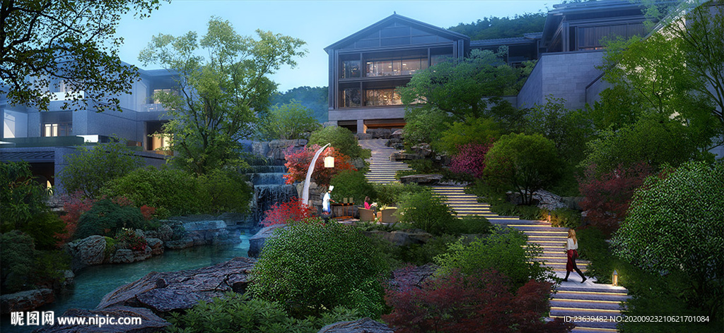 住宅别墅假山流水景观效果图