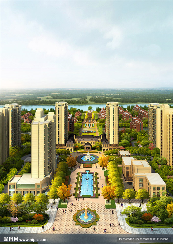 欧式住宅小区 景观鸟瞰效果图