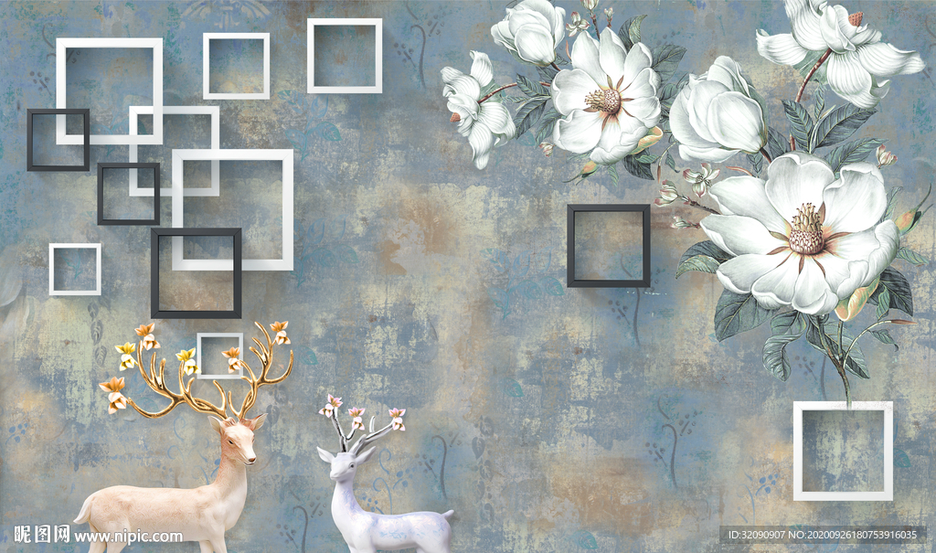 小鹿几何图形玫瑰花复古背景