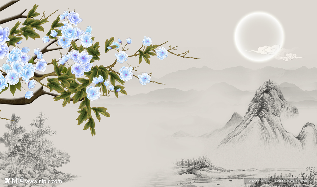 手绘牡丹花山水月亮背景
