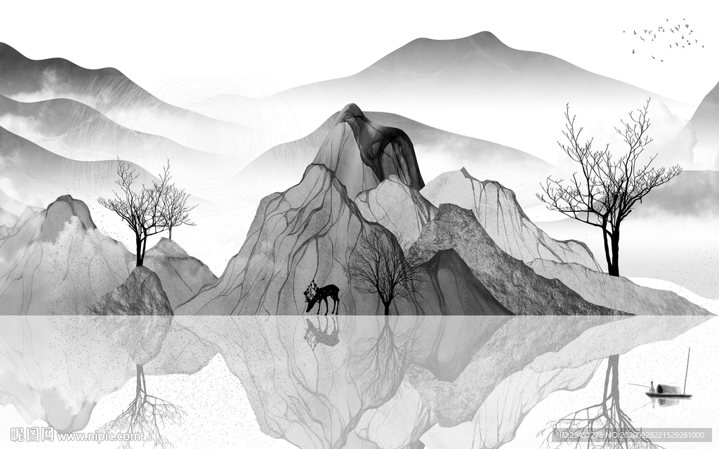 新中式唯美新山水画 tif分层