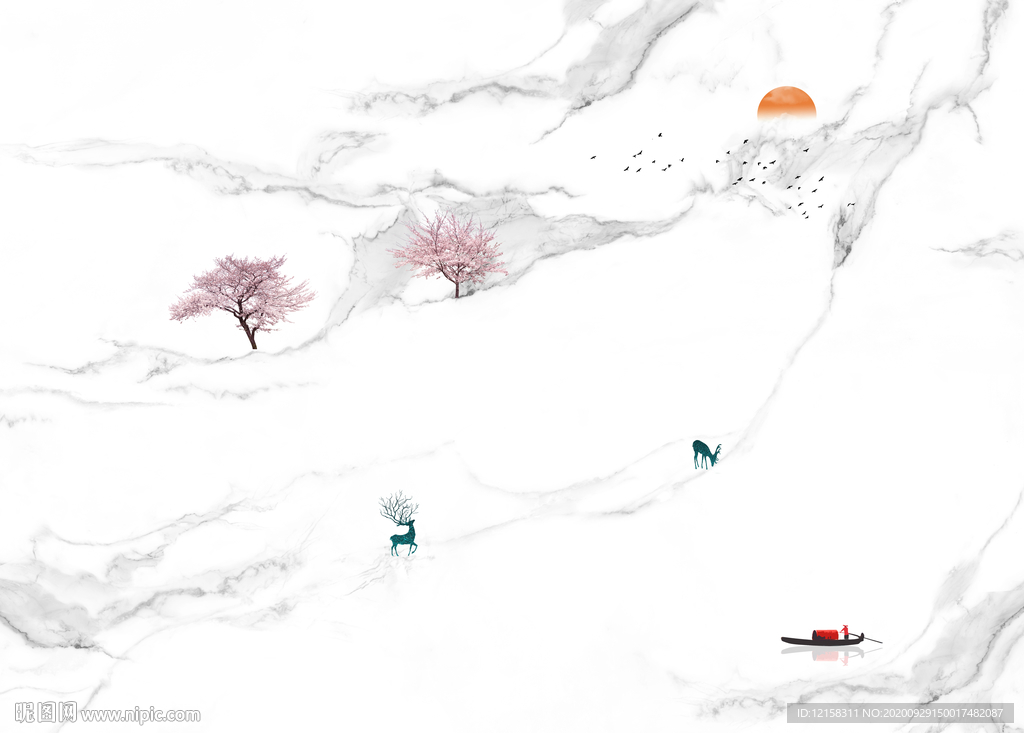 旭日东升 麋鹿山水 爵士白麋鹿