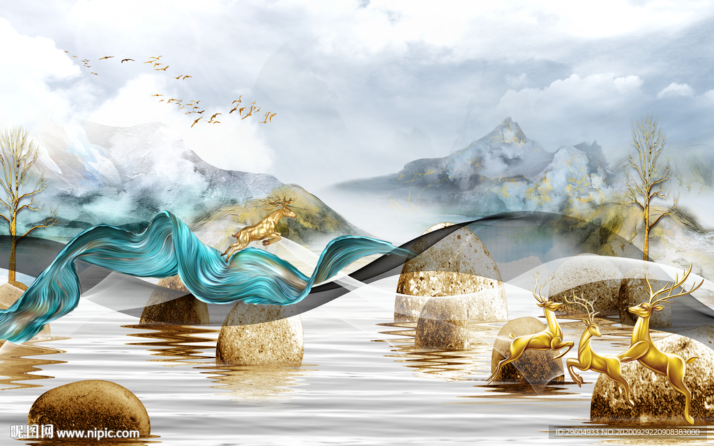 高档山水背景墙画 tif分层