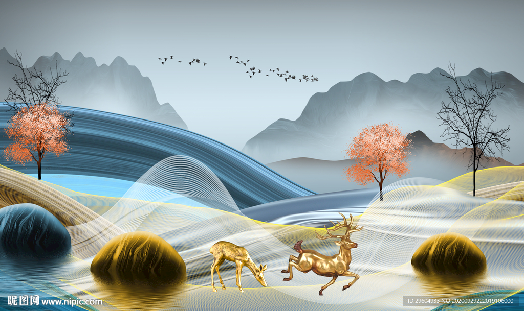 最新 山水背景墙画 tif分层